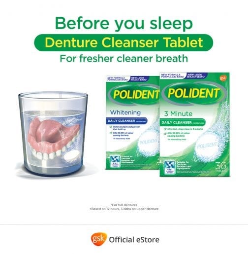 a glass of dentures in water with Polident Denture Cleanser Tablet Whitening and 3 Minute