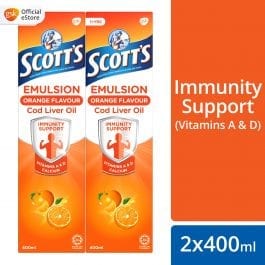 Scott’s Emulsion Cod Liver Oil, Omega 3 fatty acid DHA, Children Supplement, Orange, 2x400ml